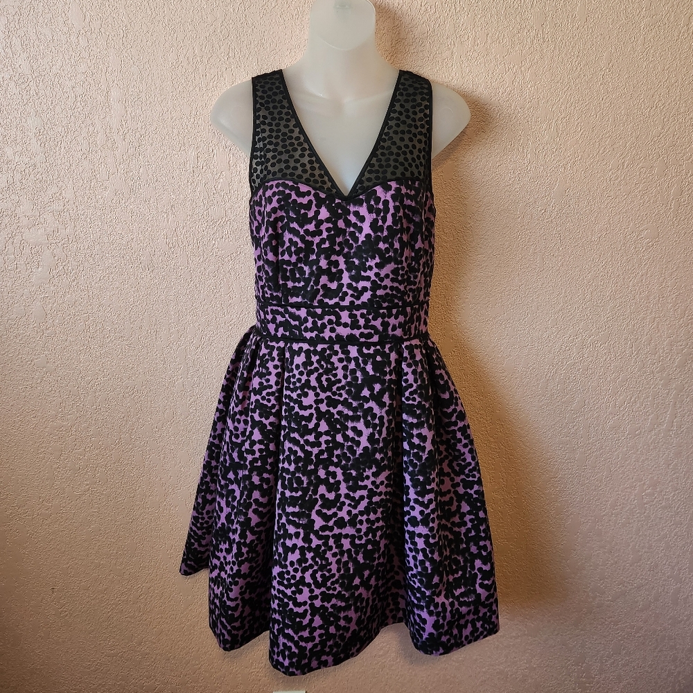 Taylor Black Purple Spotted Sleeveless Box Pleat Fit & Flare Mini Dress